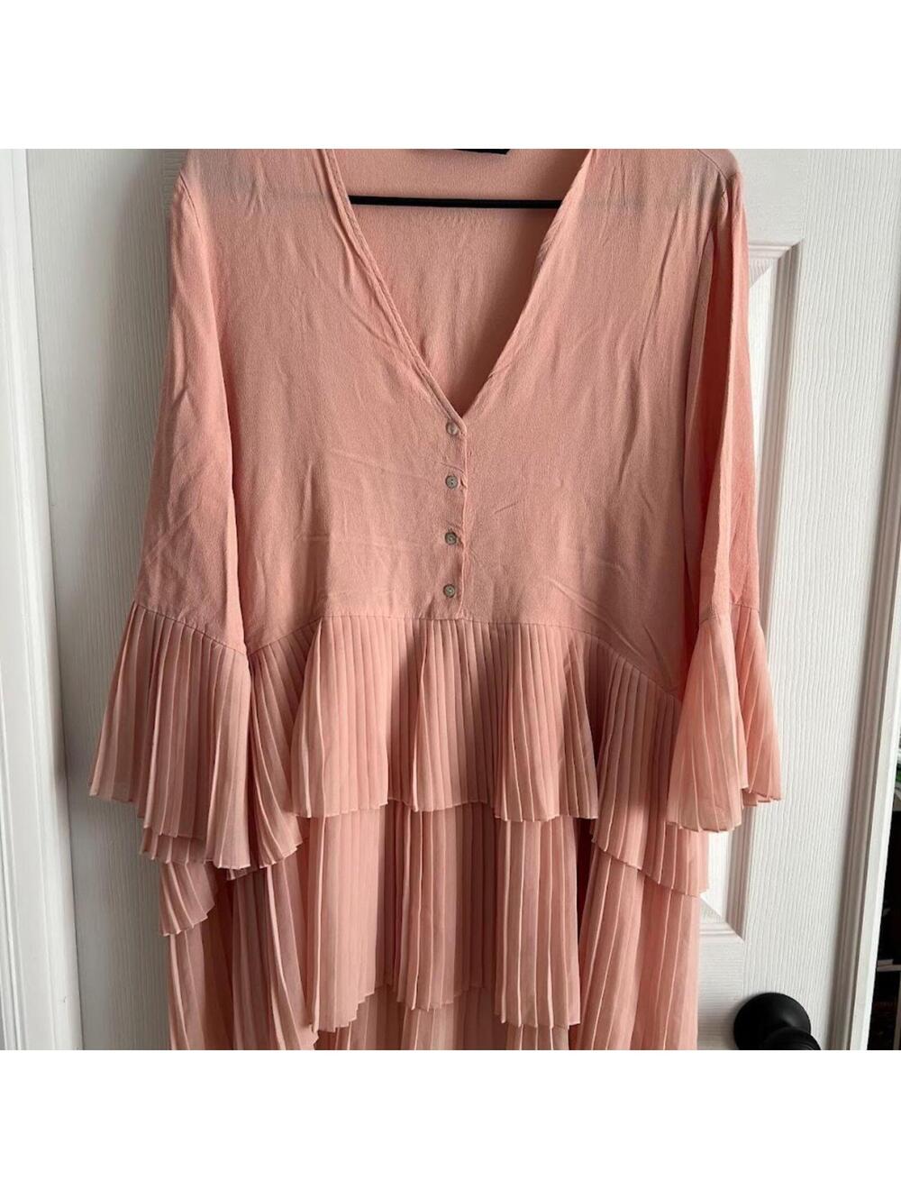 Zara Woman Blush Pink Pleated Tiered Tunic Blouse Size Large